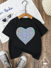 Glittery Heart Print  Cotton Blend Girls' T-Shirt